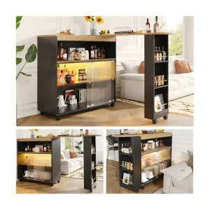 Meuble de bar extensible - 2 portes en verre coulissantes, 3 étagères de rangement & niche - MDF plateau effet bois -...