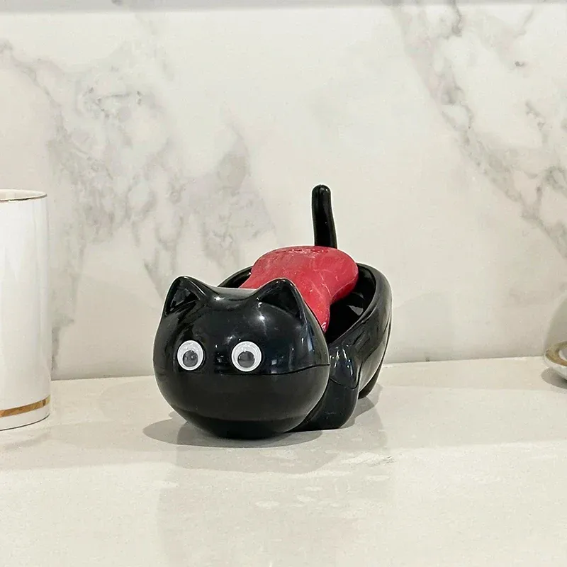 Boîte à savon Kawaii en forme de chat aux grands yeux, plateau pour savon de toilette, accessoires de salle de bain, outil...