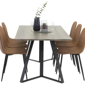 MarinaGRBL ensemble table, table El bois décor gris et 6 Polar chaises Similicuir PU marron.