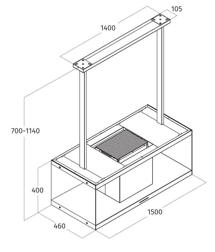 Modèle îlot Airone E-002-ROSSINI - 150 cm - acier inoxydable - moteur interne - recirculation