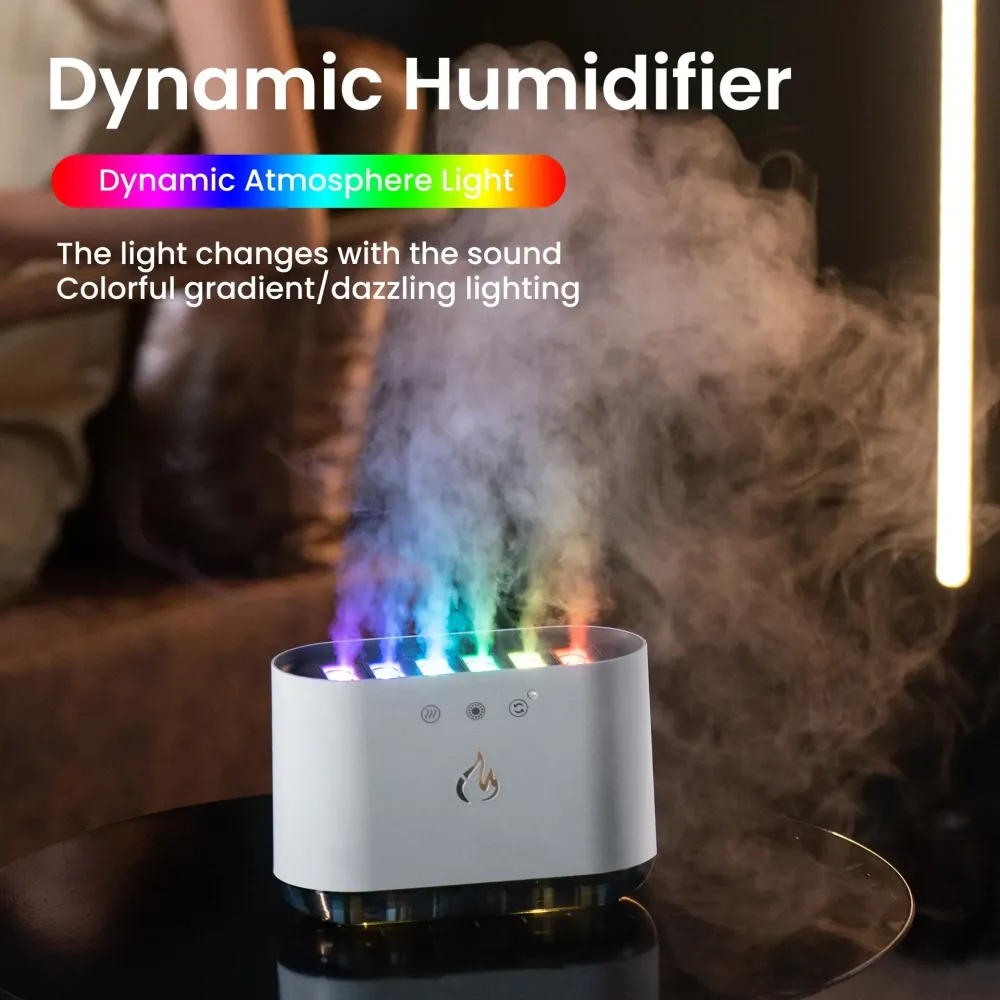 Nouveau bureau dynamique musique ultrasons flamme humidificateur d'air maison 900ML RGB lumière LED humidificateur diffuse...