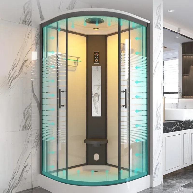 Cabine de douche rayée en verre trempé à double cabine de douche coulissante arrondie Clearhalo