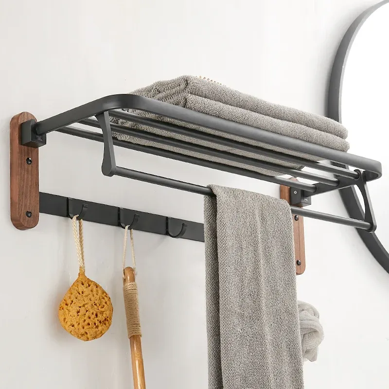 Ensemble d'accessoires de salle de bains en bois massif, matériel de salle de bains en métal pliable Clearhalo