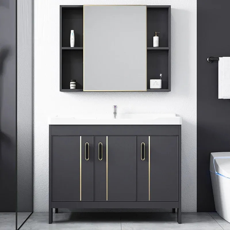 Ensemble de meuble-lavabo en métal, 2 portes, rectangulaire, lavabo simple, avec miroir Clearhalo