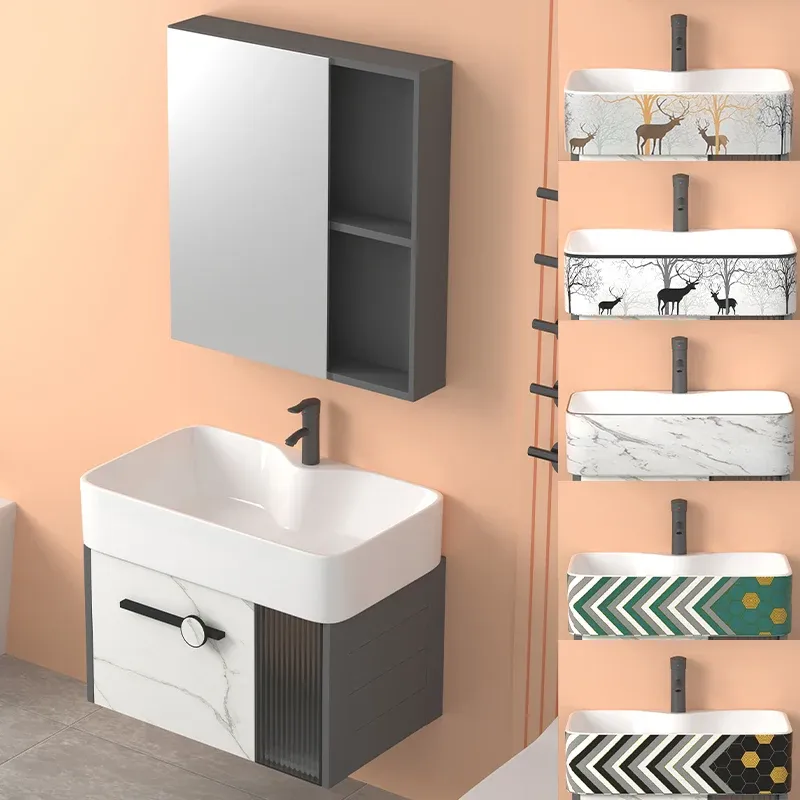 Ensemble de meuble-lavabo rectangulaire à montage mural moderne, base en métal gris, à évier unique Clearhalo