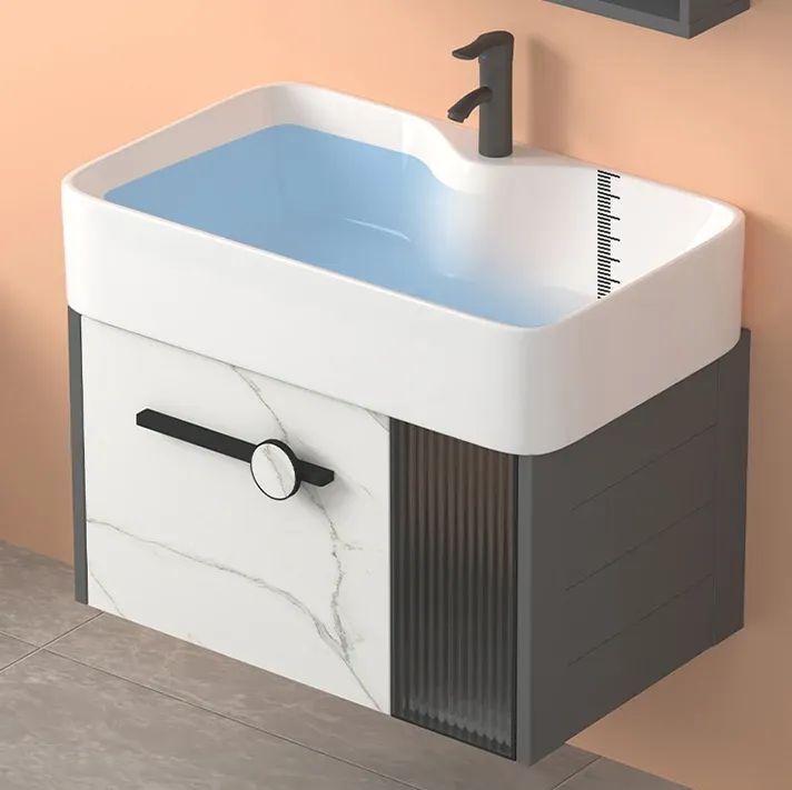 Ensemble de meuble-lavabo rectangulaire à montage mural moderne, base en métal gris, à évier unique Clearhalo