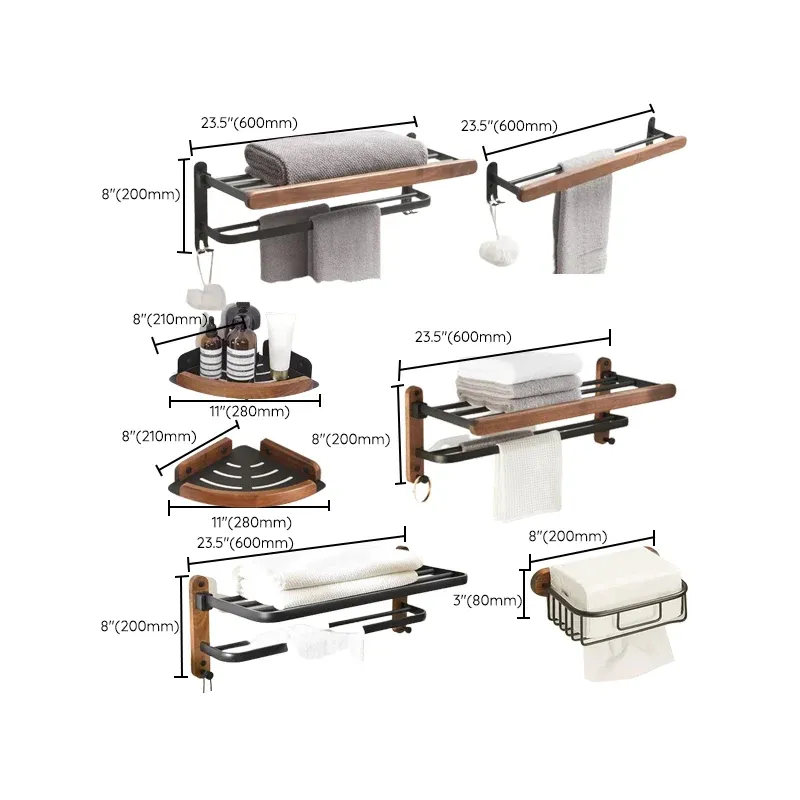 Kit d'accessoires de salle de bain moderne, ensemble de quincaillerie de salle de bain en aluminium et en bois Clearhalo