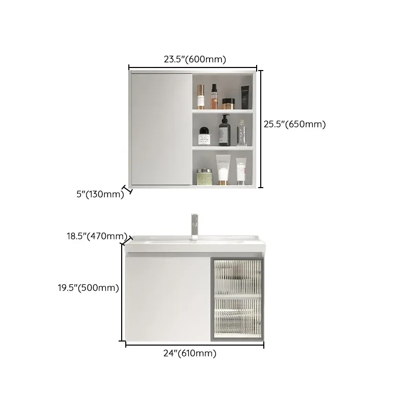 Meuble-lavabo blanc à évier simple, rectangulaire, 2 tiroirs, mural avec miroir Clearhalo