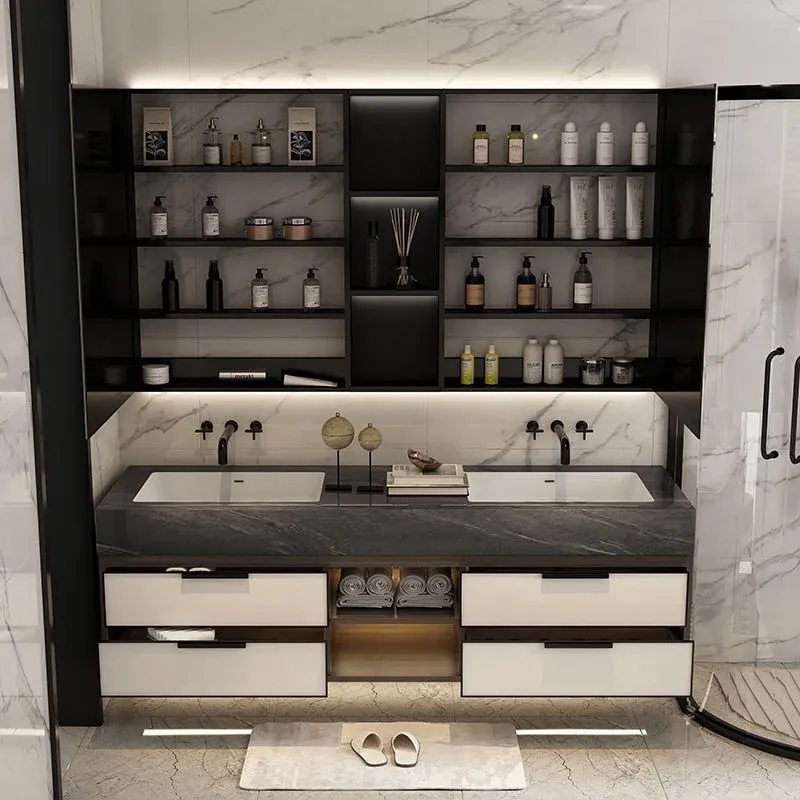 Robinet de lavabo de salle de bains moderne en pierre calcaire et console ouverte avec miroir avec ensemble d'évier Clearhalo