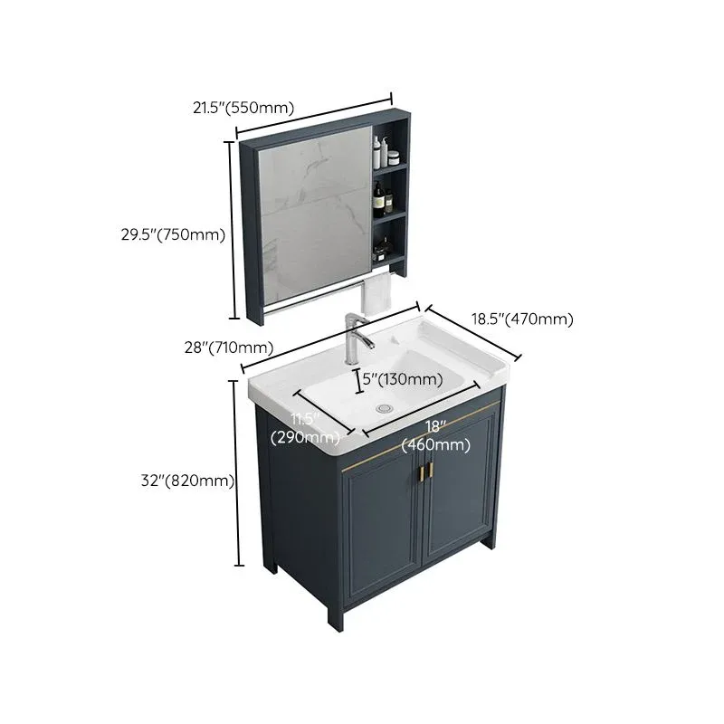Vanité de bain autoportante avec miroir rectangulaire bleu, 2 portes, avec lavabo simple Clearhalo