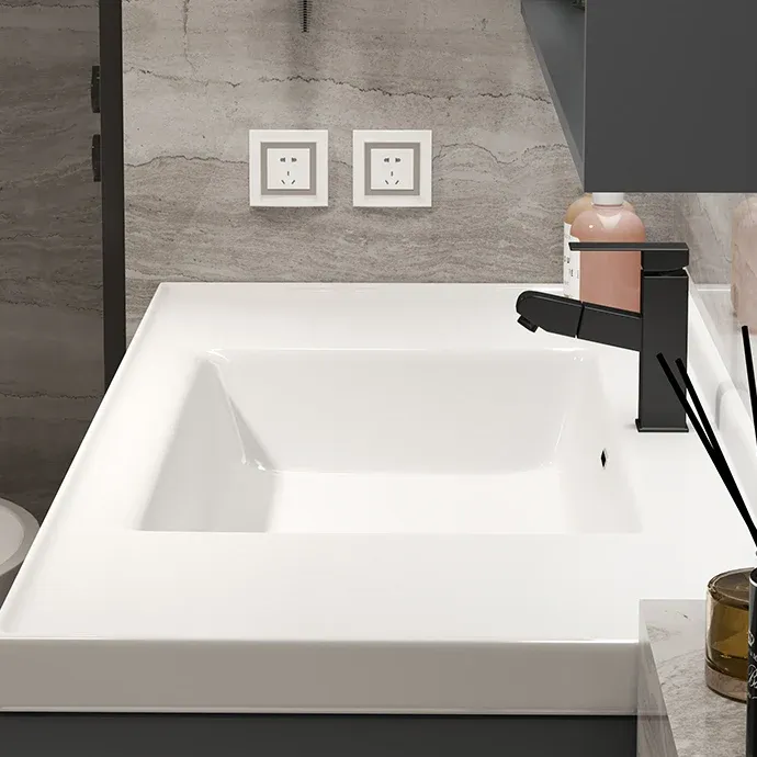 Vanité de bain grise avec cadre en bois et miroir, lavabo simple, meuble-lavabo mural avec 2 tiroirs Clearhalo