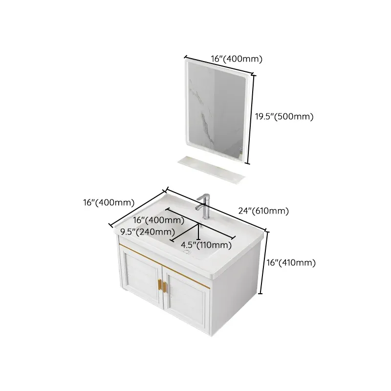 Vanité de bain 2 portes, miroir blanc, lavabo simple rectangulaire, vanité de salle de bain murale Clearhalo