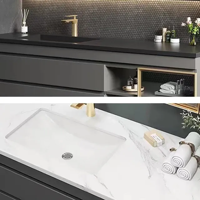 Vanité murale avec cadre en bois gris et miroir, lavabo simple rectangulaire avec tiroirs Clearhalo