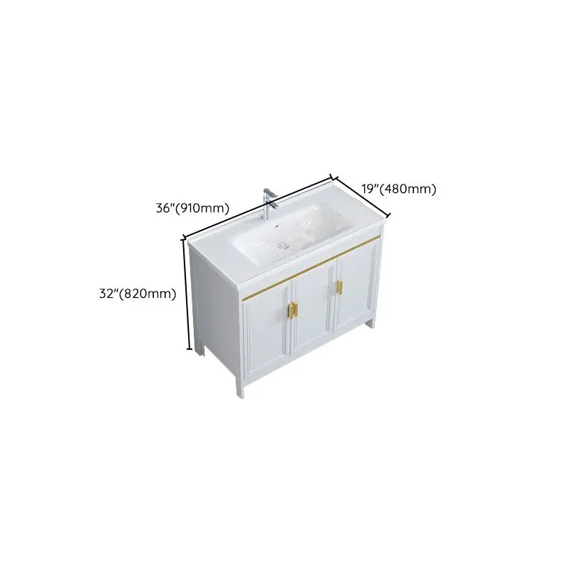 Vanité de salle de bains blanche, cadre en métal, évier simple, vanité autoportante rectangulaire avec miroir Clearhalo