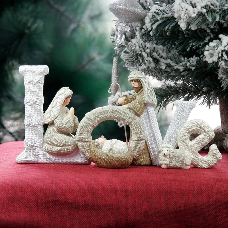 Personnages de scène de la nativité de noël en résine, ornements exquis avec lettres anglaises, ornements de Table de fête...