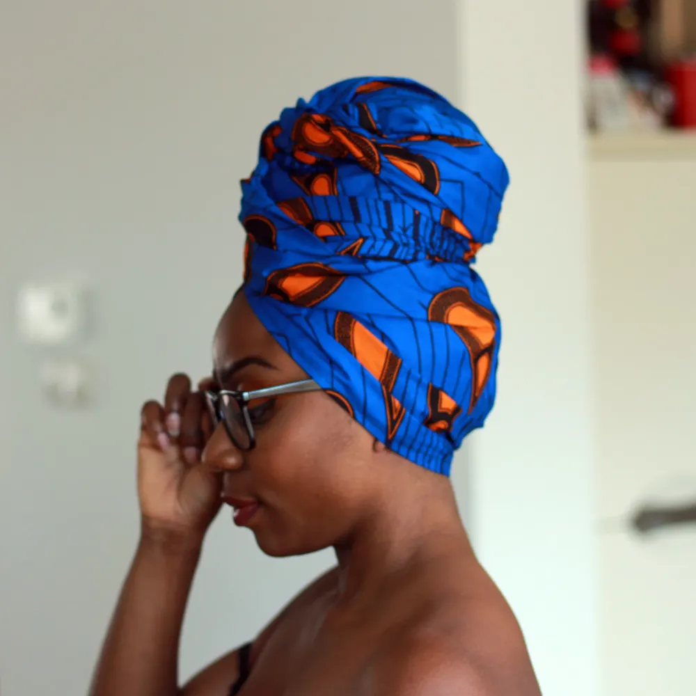 Foulard africain / Turban wax - Bleu / Orange electric bulb (Vlisco)