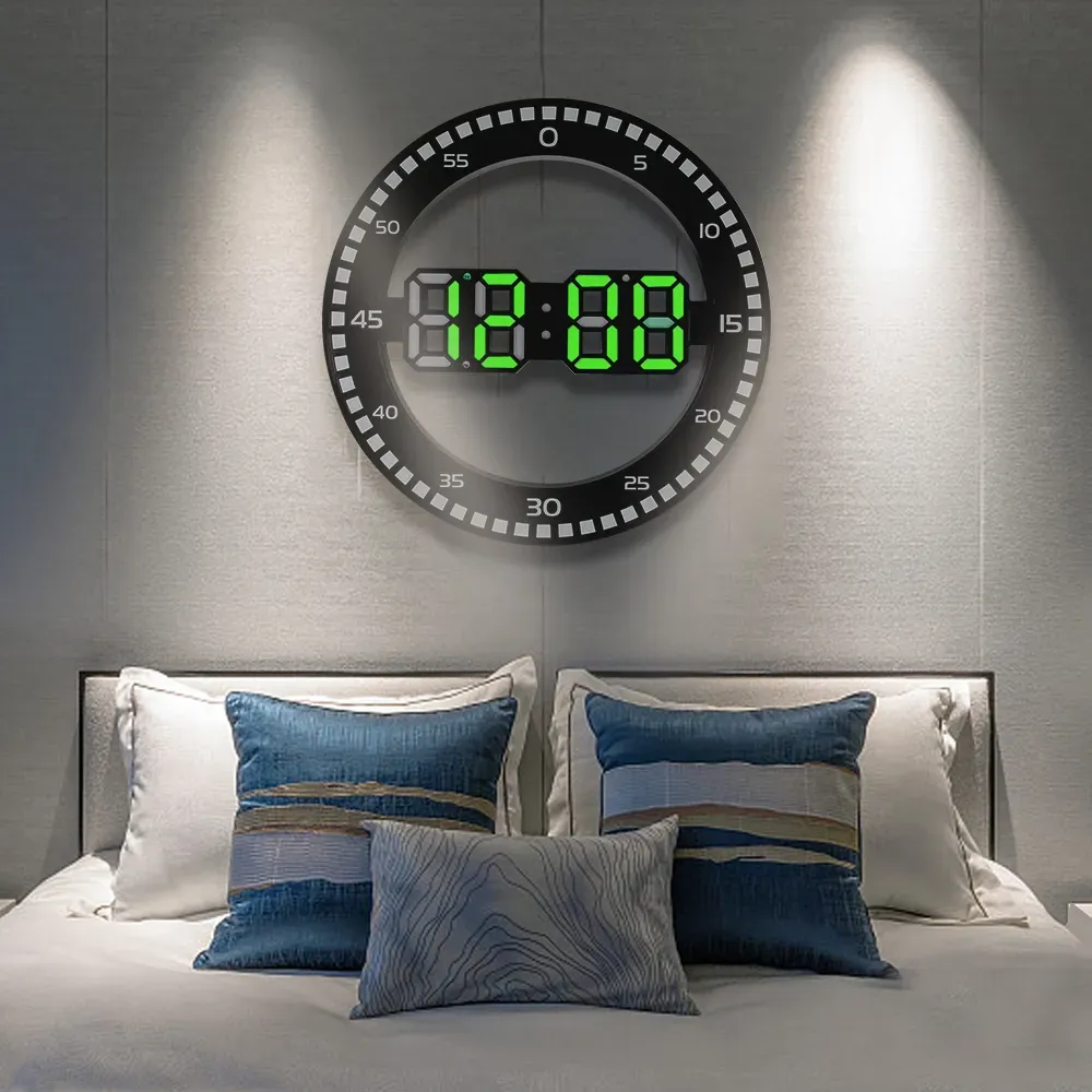 Horloge murale LED silencieuse, alarme avec calendrier, pour salon, décoration de la maison, numérique circulaire lumineus...