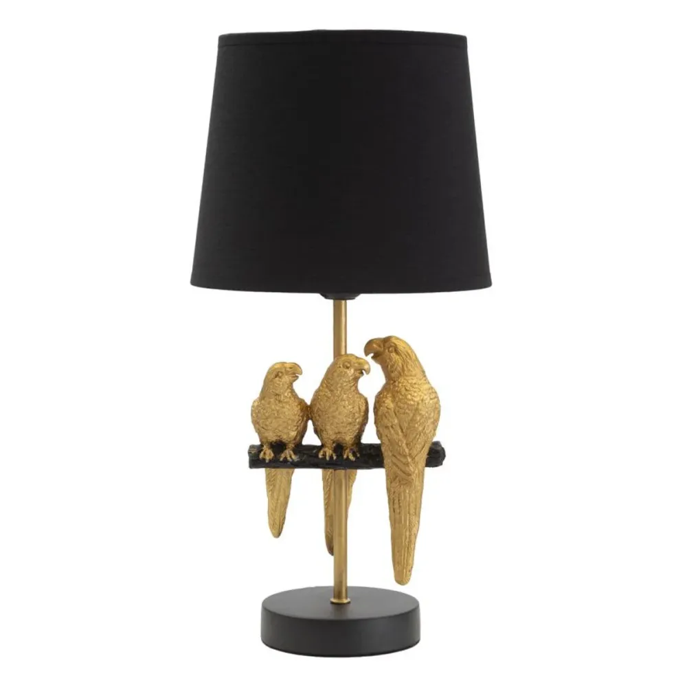 Lampe de chevet dorée avec détail perroquet et abat-jour noir Mauro Ferretti