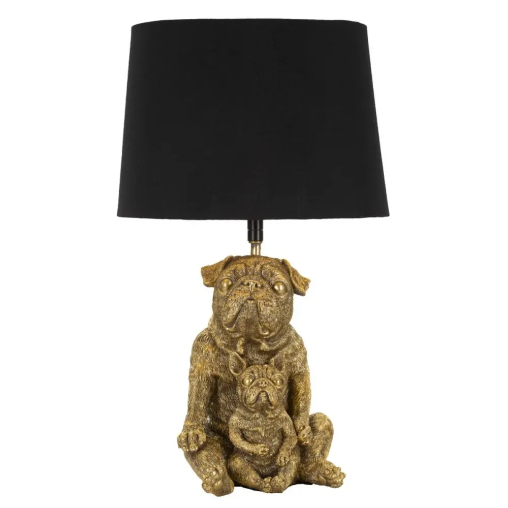 Lampe en résine représentant un couple de chiens dorés, avec abat-jour noir Mauro Ferretti