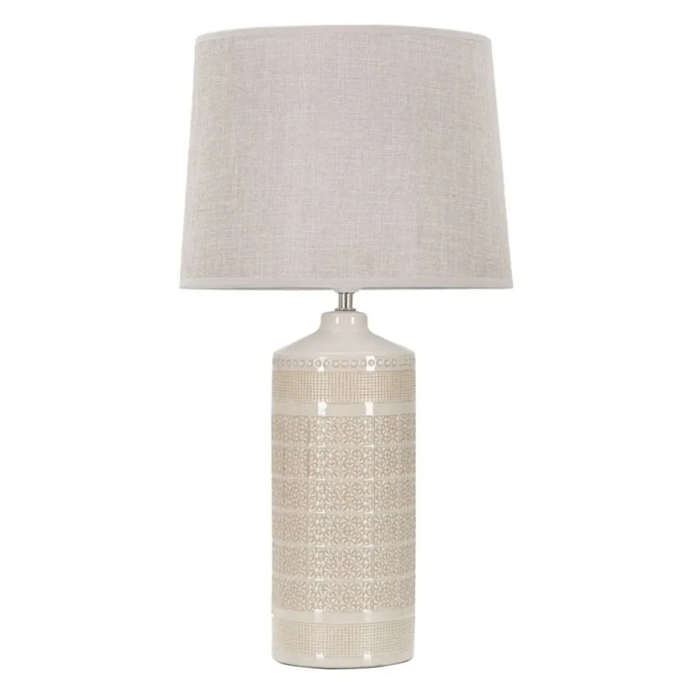 Lampe de table en céramique blanche avec relief géométrique et abat-jour Mauro Ferretti