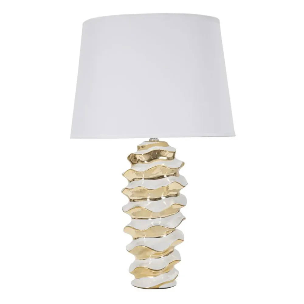 Lampe de table en céramique blanche et dorée – Motif ruche avec abat-jour Mauro Ferretti