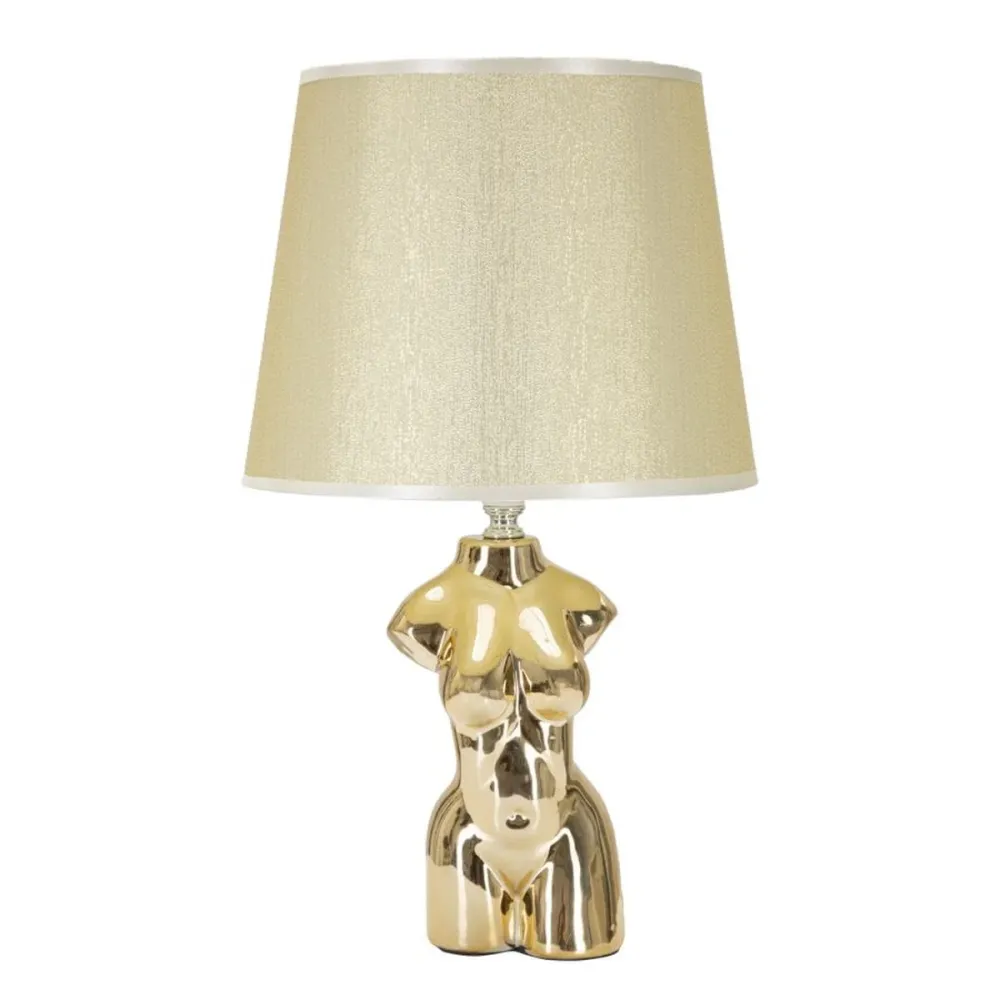 Lampe de table en céramique dorée en forme de buste féminin – Abat-jour beige Mauro Ferretti