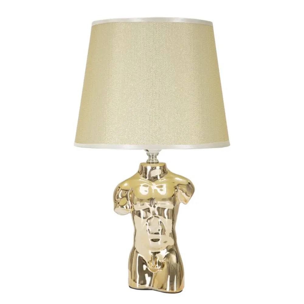 Lampe de table en céramique dorée en forme de buste masculin – Abat-jour beige Mauro Ferretti