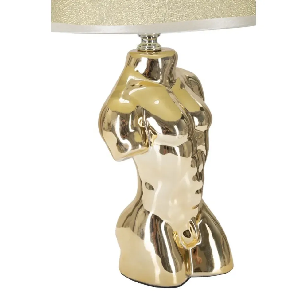 Lampe de table en céramique dorée en forme de buste masculin – Abat-jour beige Mauro Ferretti