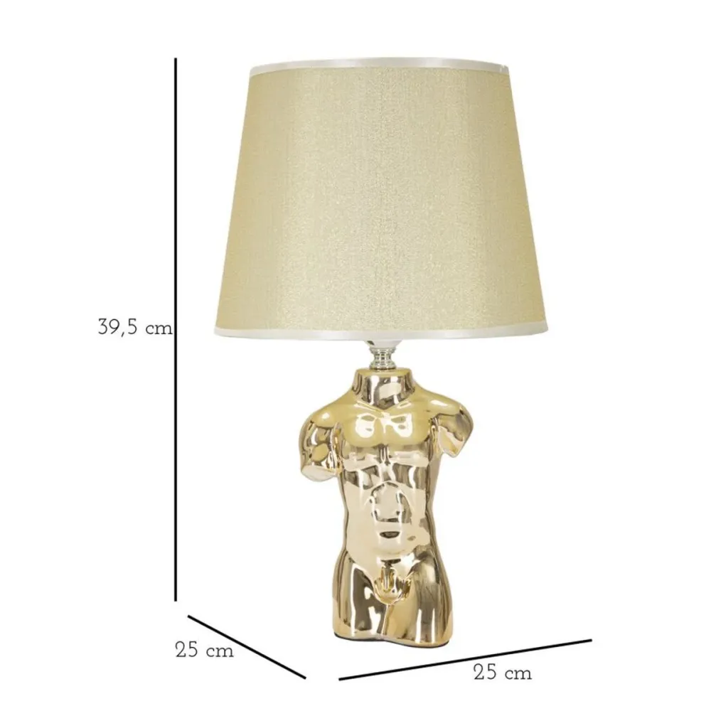 Lampe de table en céramique dorée en forme de buste masculin – Abat-jour beige Mauro Ferretti