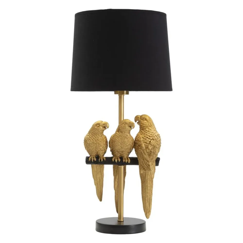 Lampe de table dorée avec détail perroquet et abat-jour noir Mauro Ferretti
