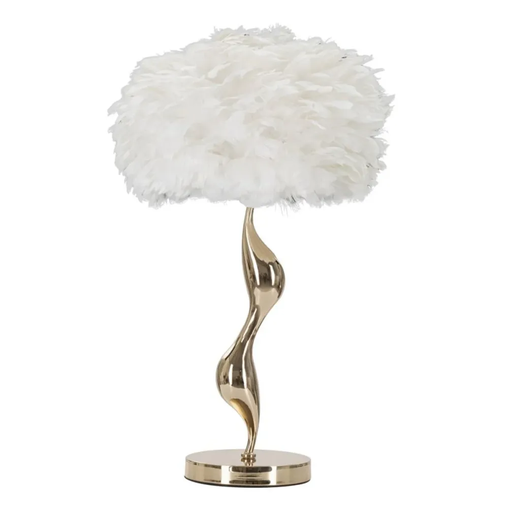 Lampe de table dorée fluide avec abat-jour en plumes Mauro Ferretti