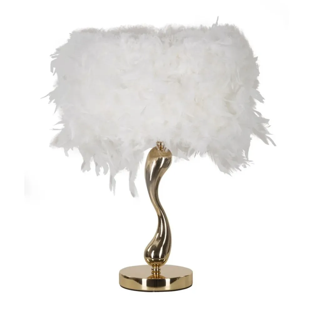 Lampe de table dorée sinueuse avec abat-jour en plumes Mauro Ferretti