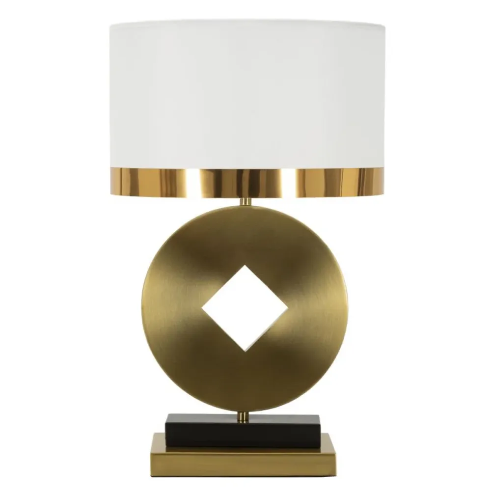 Lampe de table géométrique dorée avec abat-jour en tissu blanc Mauro Ferretti