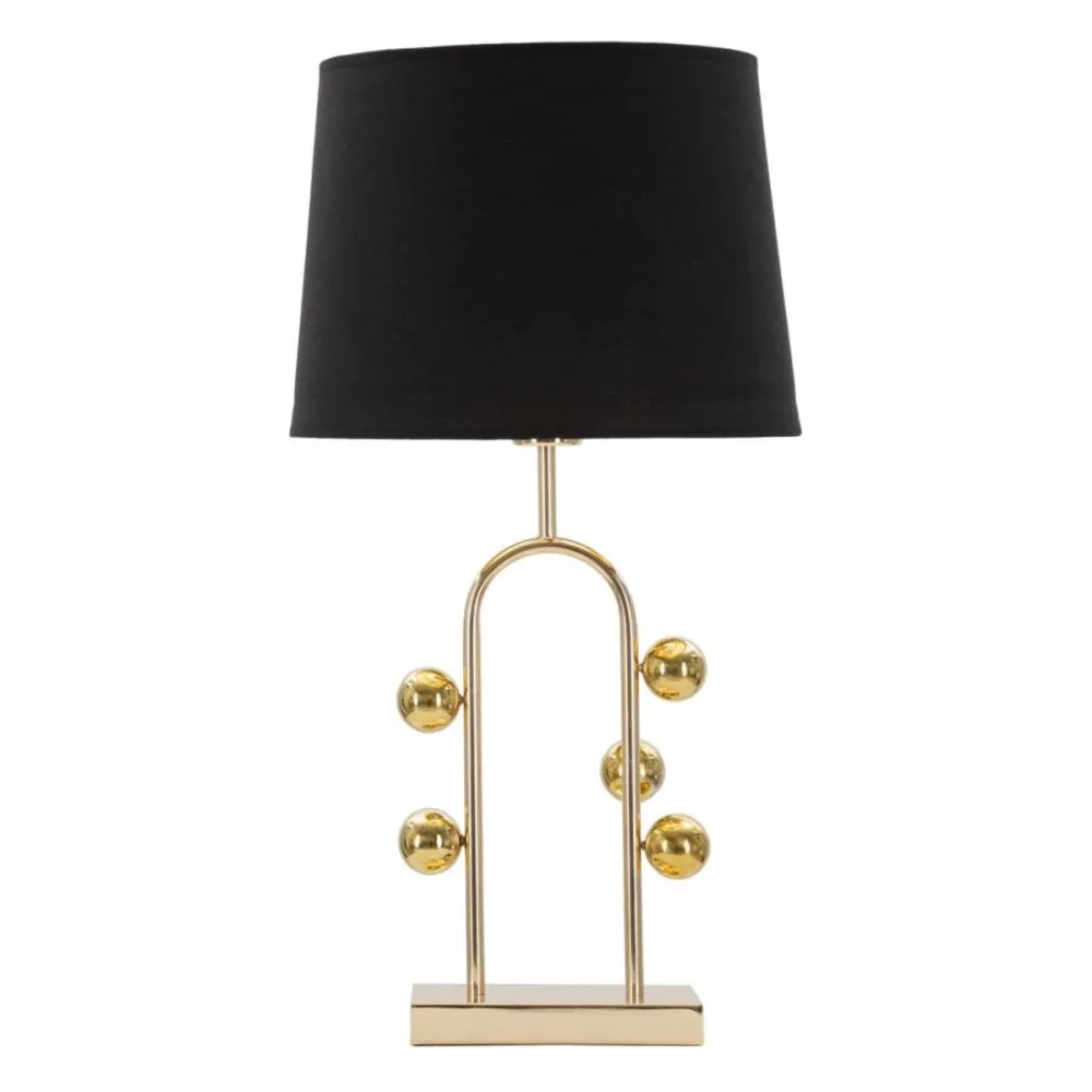 Lampe de table linéaire dorée avec sphères décoratives et abat-jour noir Mauro Ferretti
