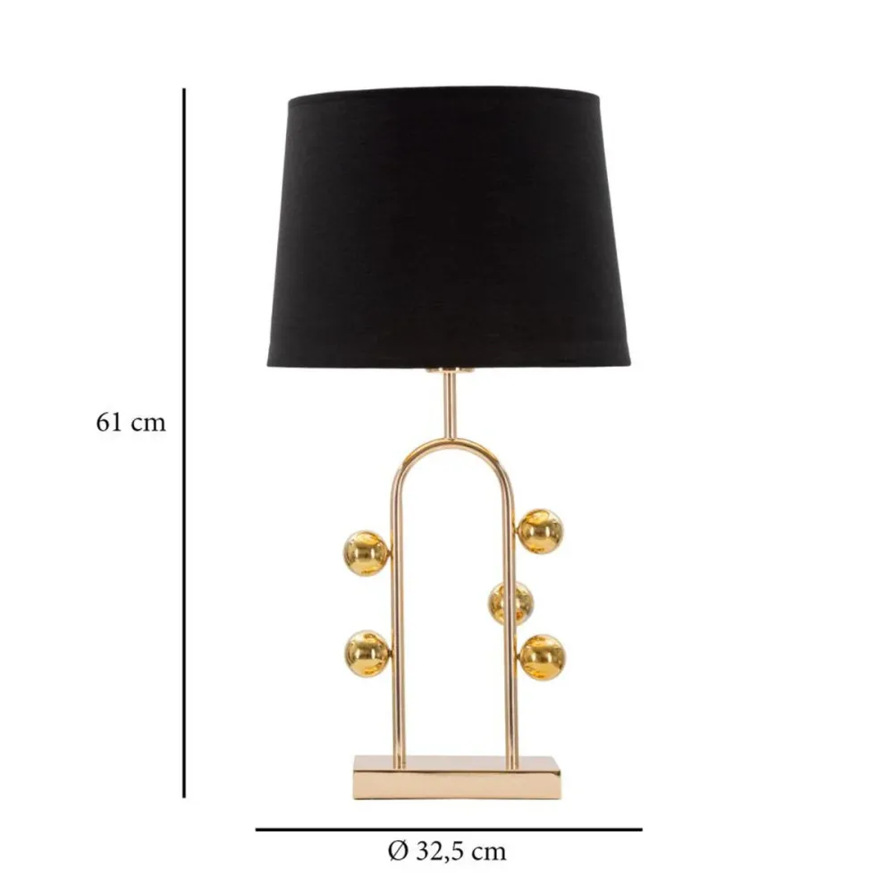 Lampe de table linéaire dorée avec sphères décoratives et abat-jour noir Mauro Ferretti