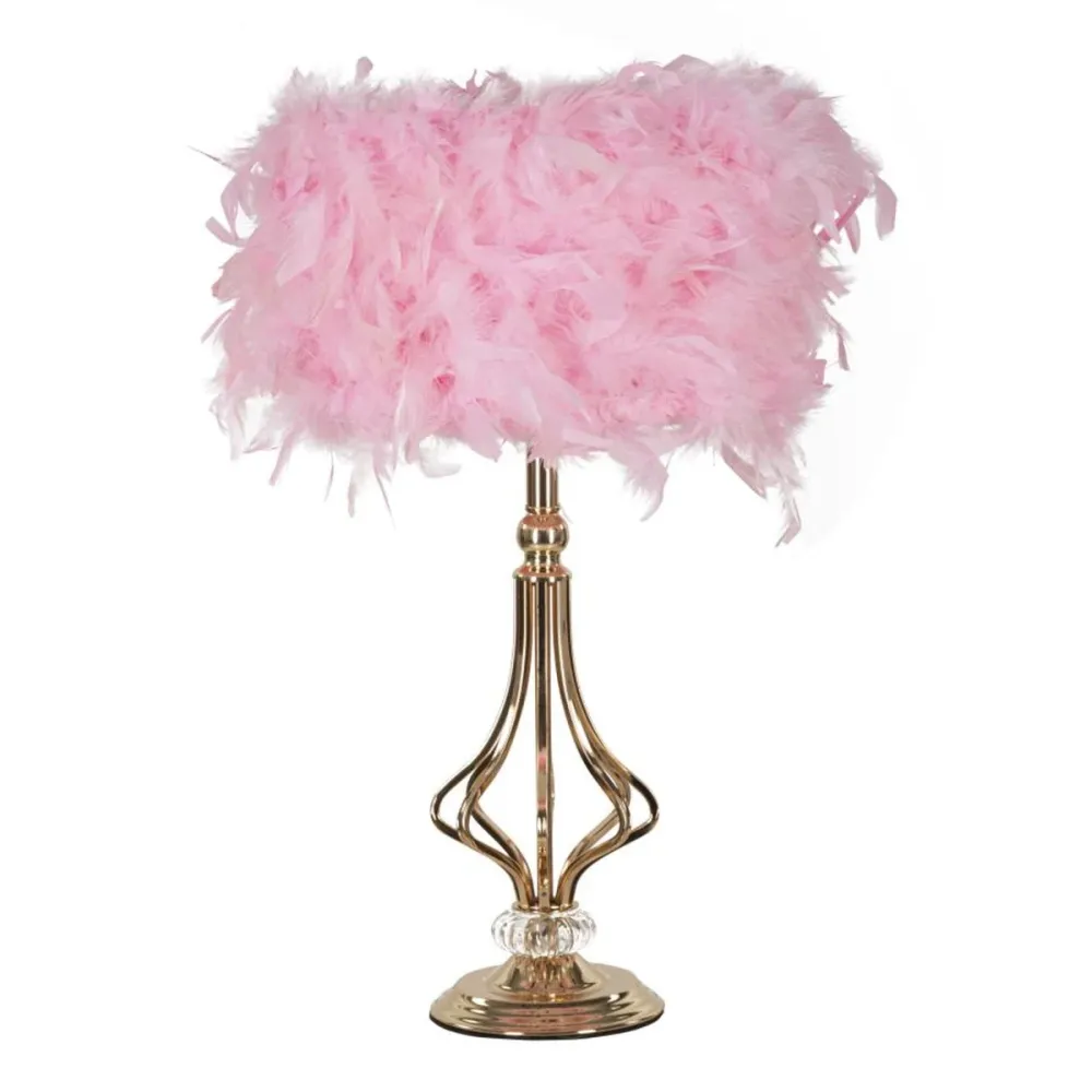 Lampe de table moderne dorée avec structure géométrique et abat-jour en plumes Mauro Ferretti