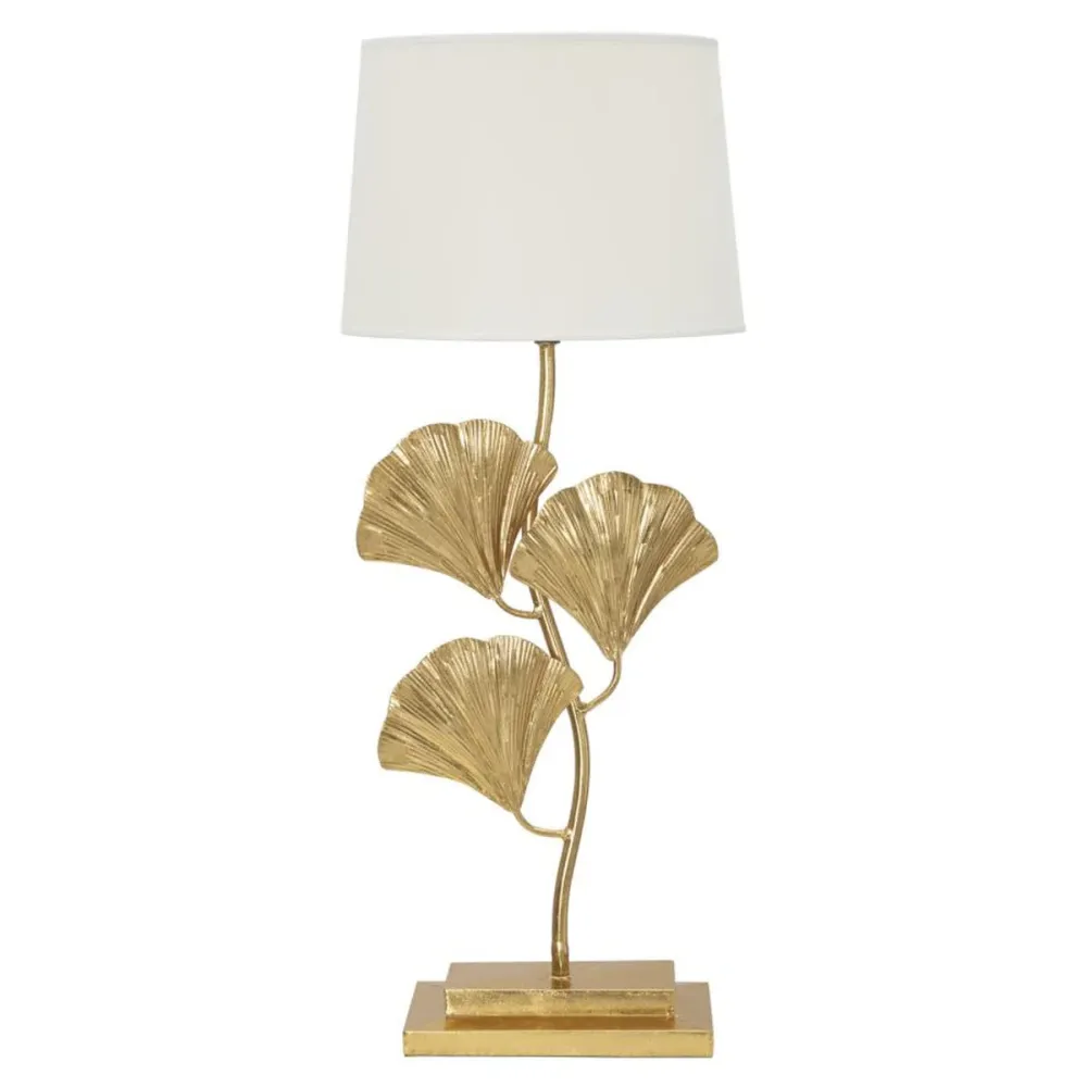 Lampe de table en métal doré avec abat-jour blanc et motif de feuilles Mauro Ferretti