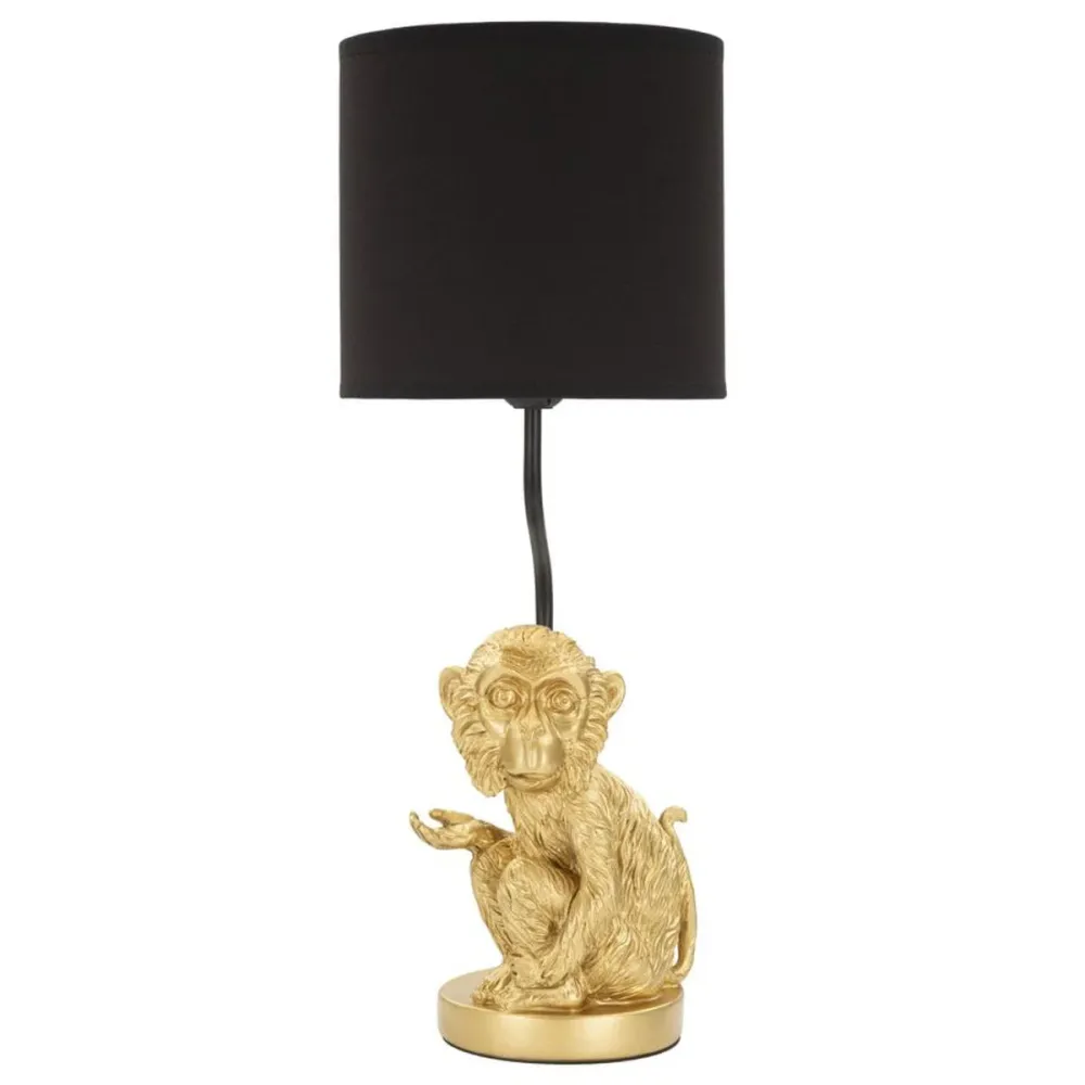 Lampe de table singe assis – Résine dorée avec abat-jour noir Mauro Ferretti