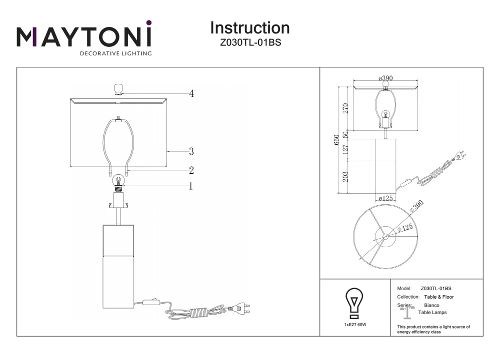 Lampe de table Maytoni Bianco 1L, laiton E27 D 39 cm