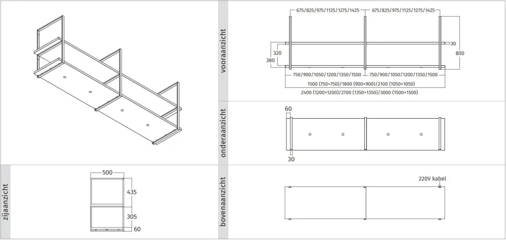 Wave 1053.74 FRAME sans moteur - 270 cm en acier inoxydable - 6 x 4,2 W LED dimmables 2700 Kelvin