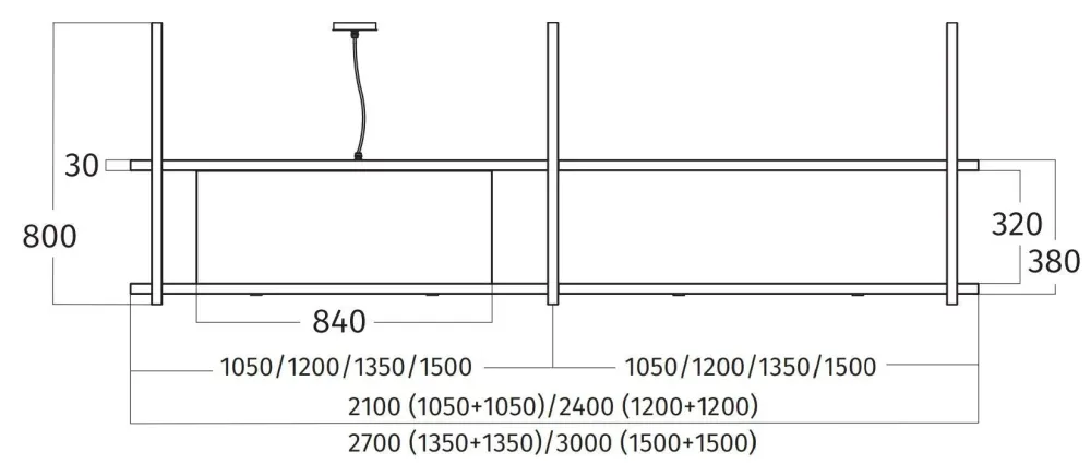 Wave 2053.01 CADRE gauche - Modèle îlot 240 cm en acier inoxydable - 4 x 4,2 W dimmable LED 2700 Kelvin
