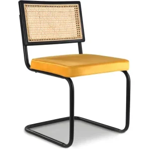 Chaise de salle à manger - tapissée en velours - Bois et rotin - Puila Moutarde