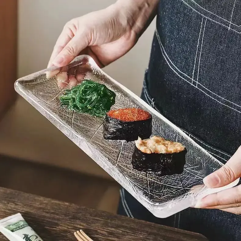 Assiette longue japonaise en verre transparent, assiette à sushi, assiette à sashimi, assiette de cuisson, plat à condimen...