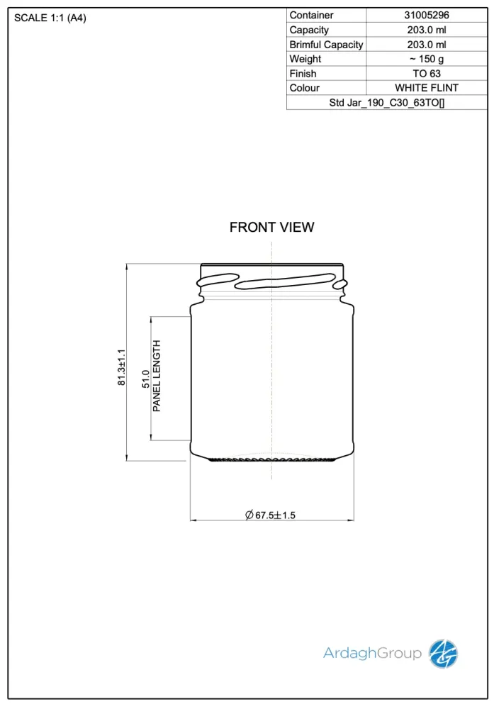 Bocal alimentaire en verre flint de 203 ml - Ardagh