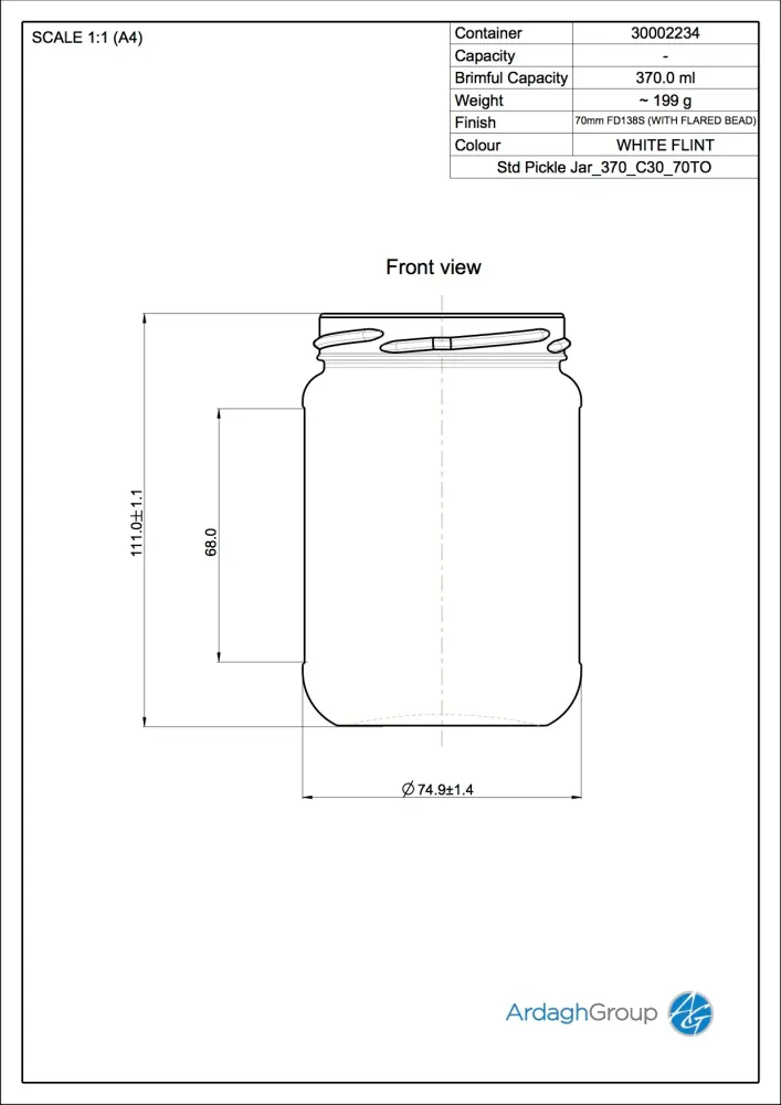 Bocal en verre flint de 370 ml pour aliments en conserve - Ardagh Glass