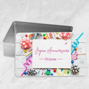 Boîte à biscuits rectangulaire en métal - « Joyeux Anniversaire » avec prénom personnalisable