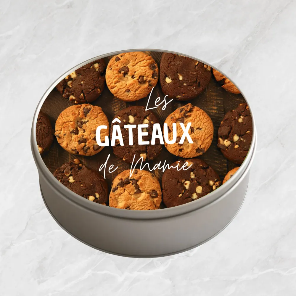 Boîte à biscuits ronde en métal - "Les Gâteaux de Mamie"
