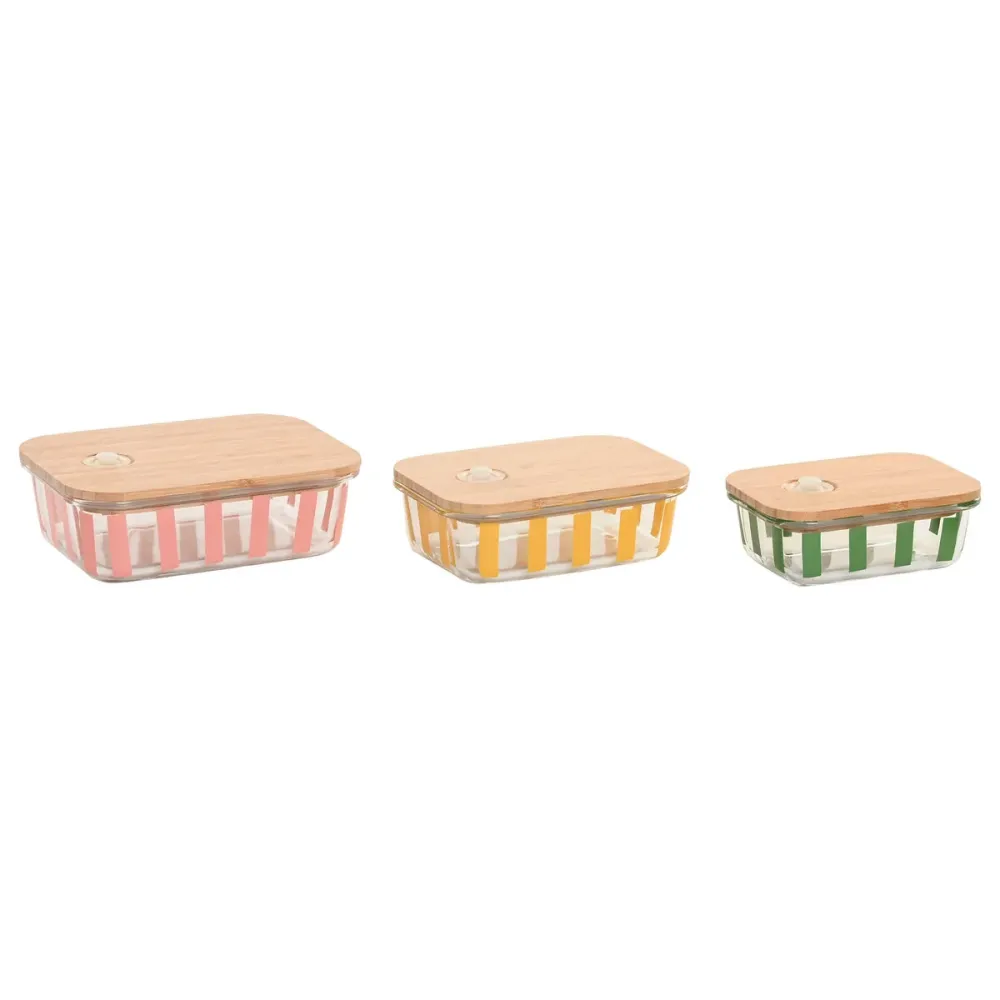 Boîte à lunch Home ESPRIT Jaune Vert Corail Verre Verre Borosilicaté Rayures Moderne 1 L 660 ml