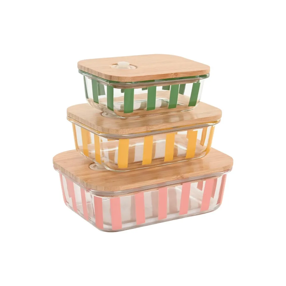 Boîte à lunch Home ESPRIT Jaune Vert Corail Verre Verre Borosilicaté Rayures Moderne 1 L 660 ml