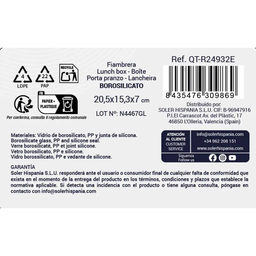 Boîte à lunch Quttin Bleu Transparent Rectangulaire 1L (6 Unités)